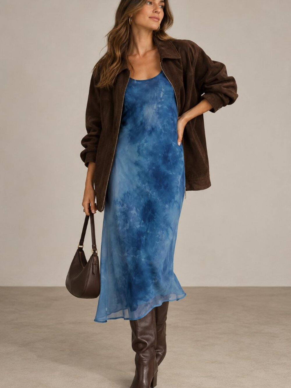 Y2K Vintage Monochrome Bright Blue Tie Dye Tank Dress Midi Slip Dress Chiffon
